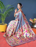 Jyoti Fashion Women's Grey Paithani Silk Zari Woven Saree with Blouse