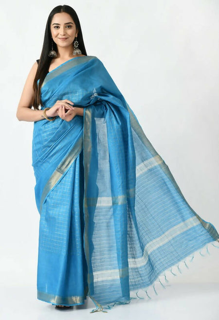 Mominos Fashion Moeza Sky Blue Bhagalpuri Handloom Silk Raj Shree Saree with unstitched Blouse piece