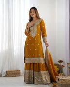 Joban Fashion Mustard Kurta Set Silk Sequins , Zari, Coding & Thread Embroidered work - Distacart