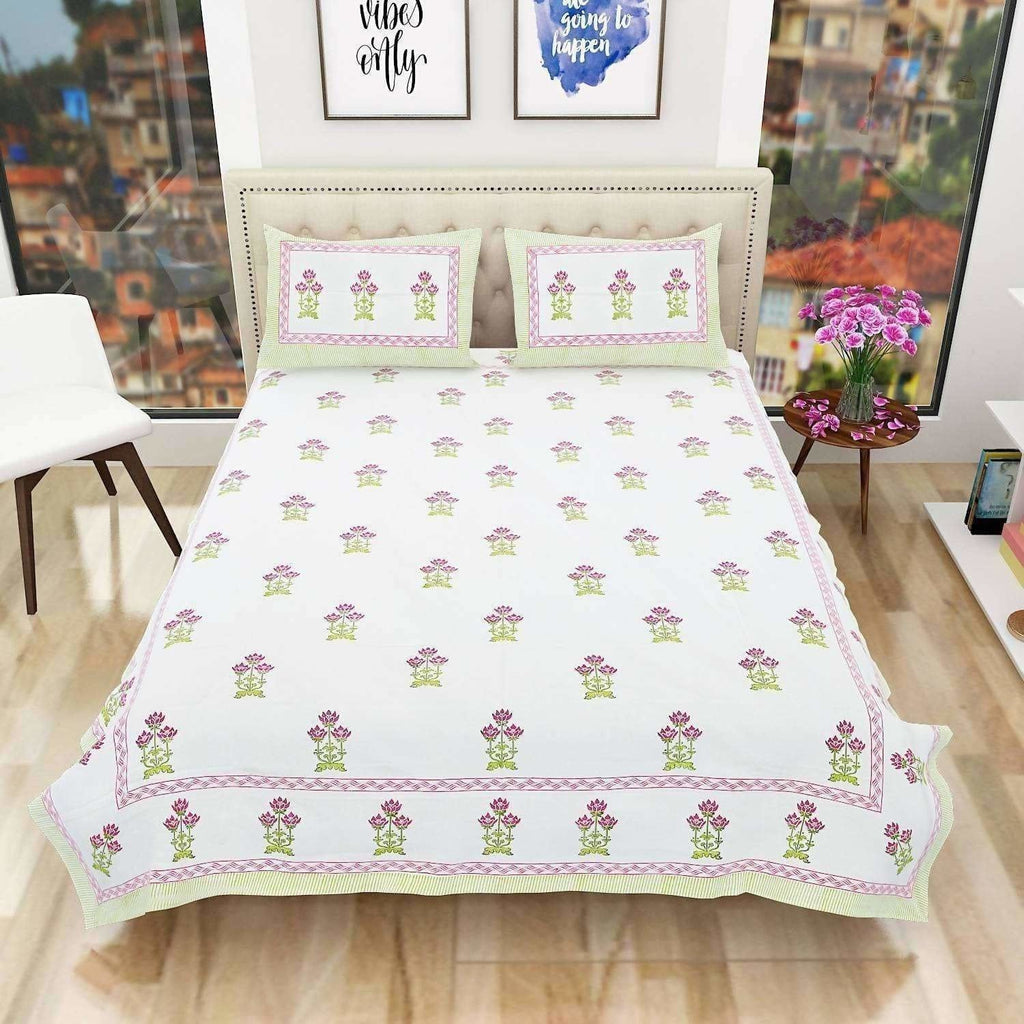 Floral Hand Block Printed Double 90x108 Inches Bedspread with 2 Pillow Covers