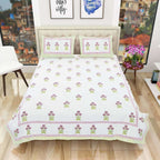 Floral Hand Block Printed Double 90x108 Inches Bedspread with 2 Pillow Covers