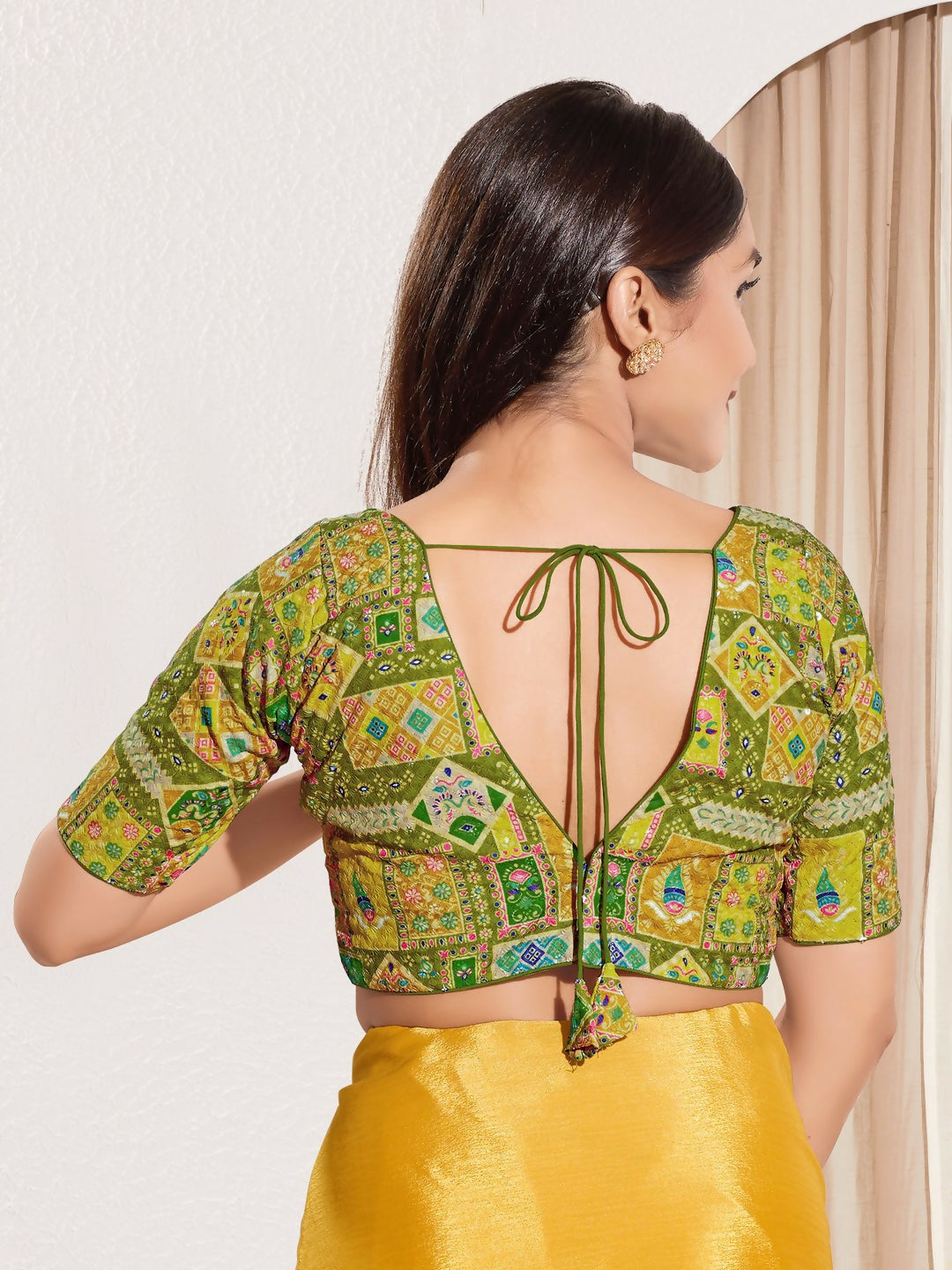 Joban Fashion Mehendi Green Viscose Rayon Padded Blouse With V Neck Elbow Sleeves - Distacart
