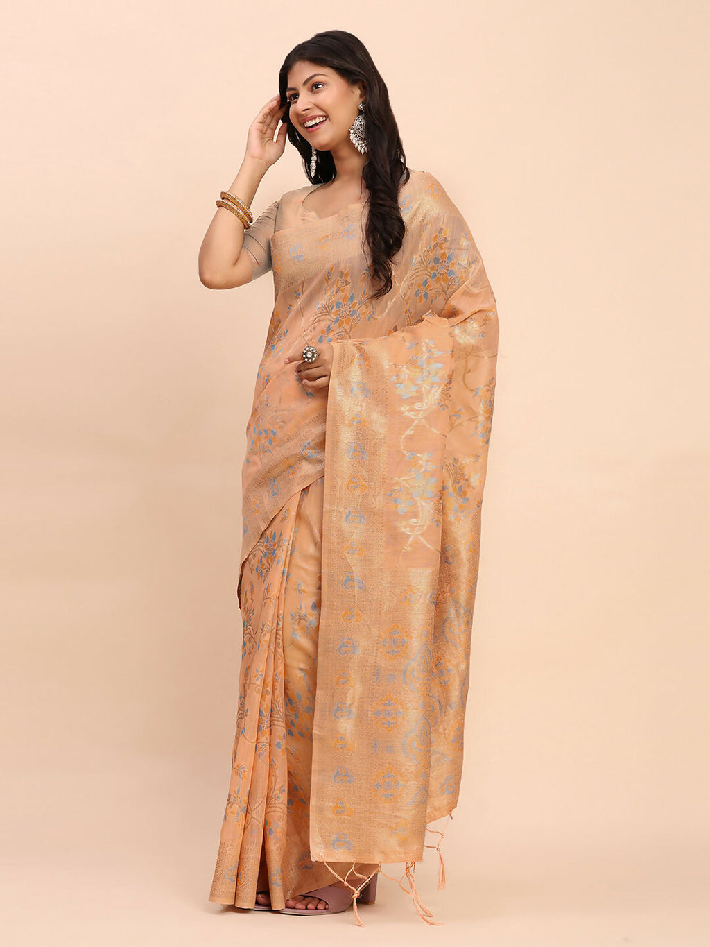 Shree Shyam Fashion Linen Cotton Orange Saree - Distacart