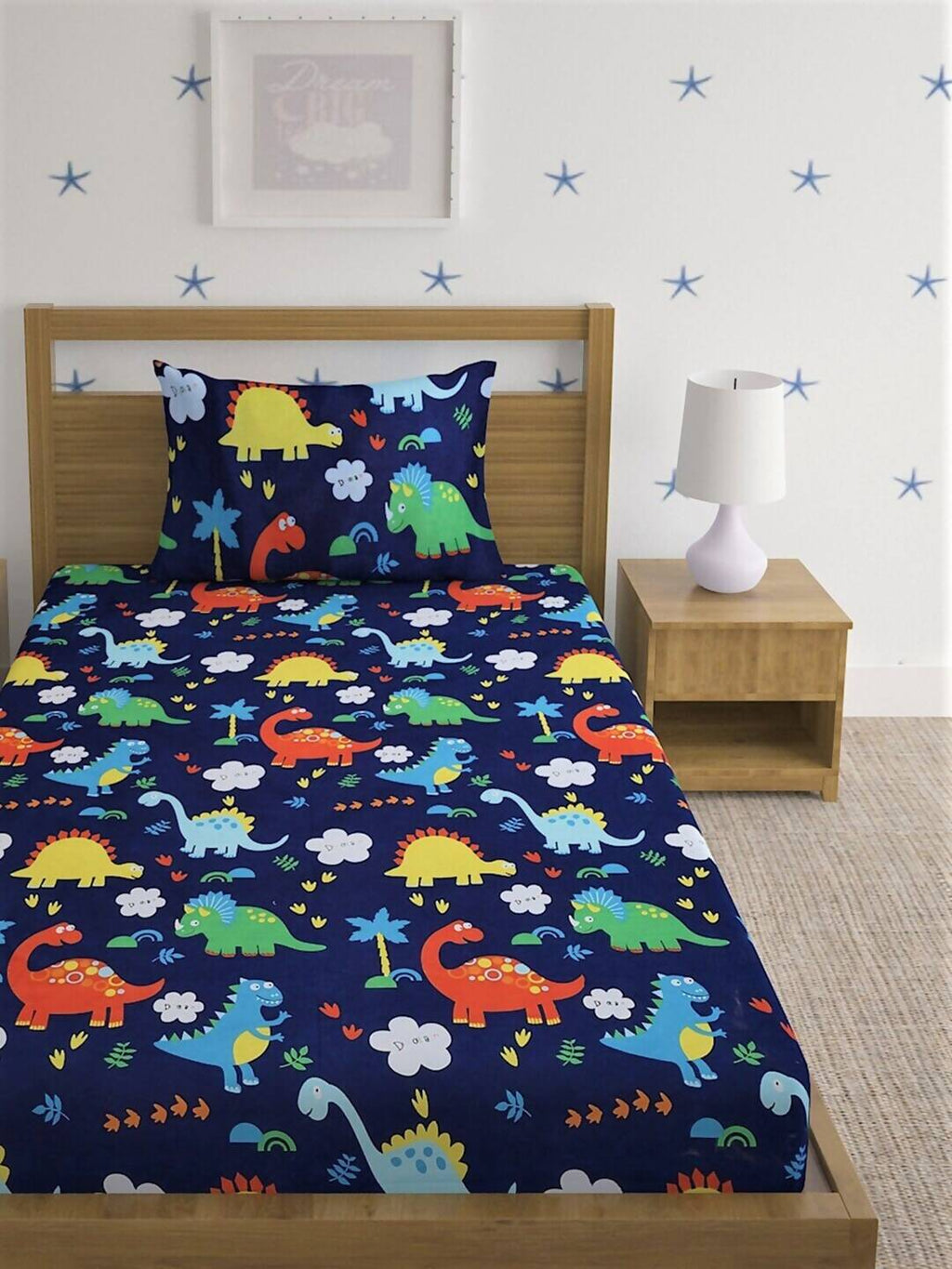 Home Sizzler Blue & Yellow Printed 210 TC Bedsheet with Pillow Covers - Distacart