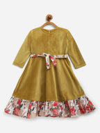 Ahalyaa Mustard Velvet Plain Kids Frilled Kurta For Girls