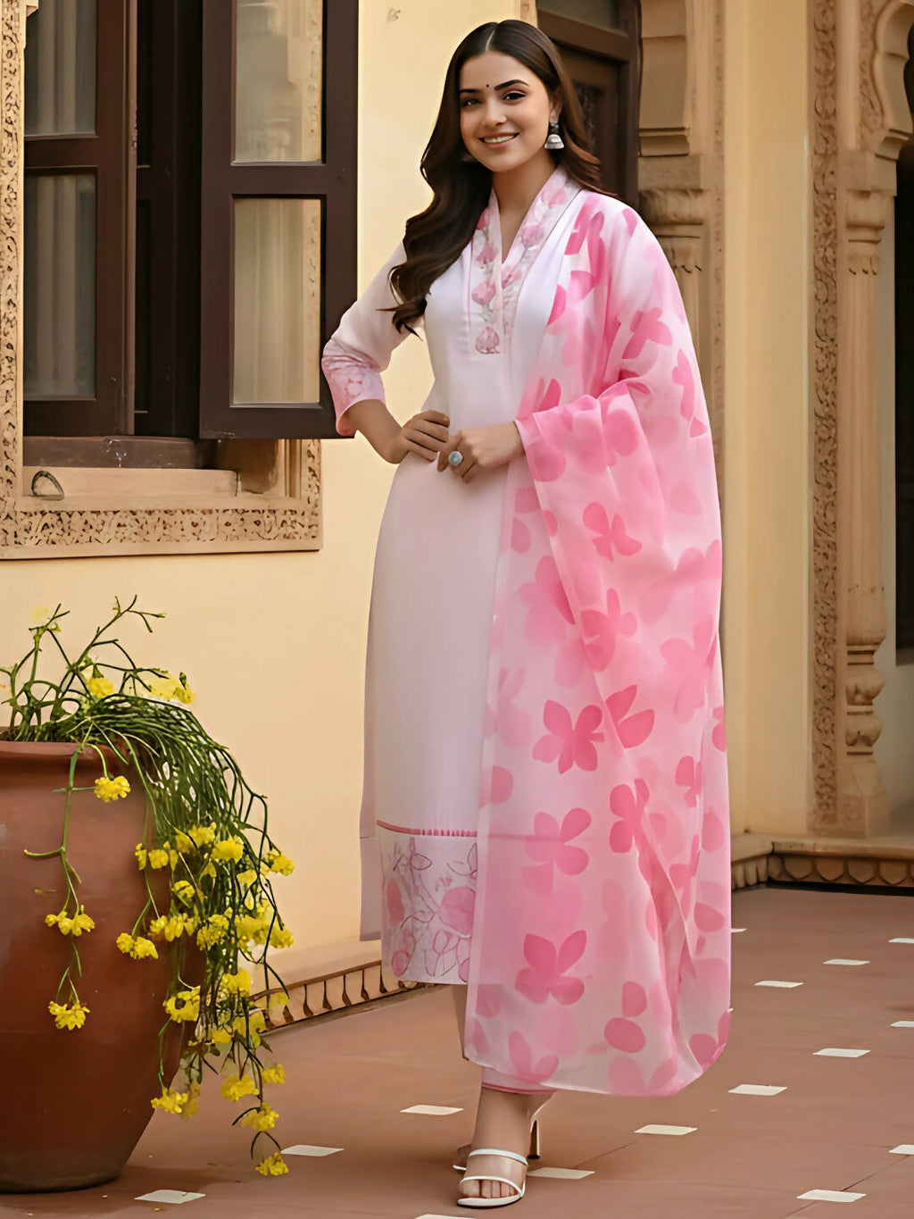 The52 Women's Beautiful Chanderi Fabric Printed Work Straight Kurta Pant and Dupatta Set - Distacart