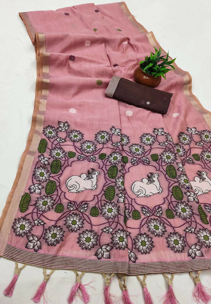 Vastranavya Pink Muga Cotton Meenakari & Azarakh Pallu Saree with Contrast Blouse - Distacart