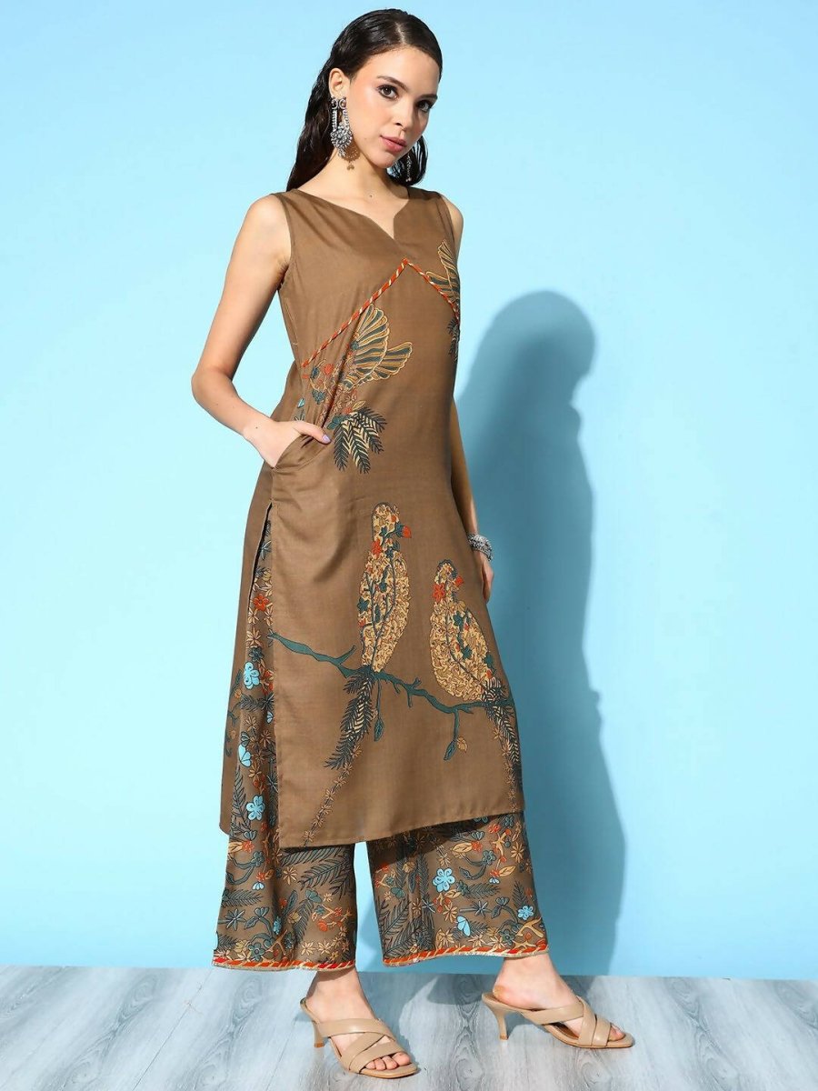 Ahalyaa Women's Brown Colour Cotton Blend Digital Printed Kurta Palazzo Set With Dupatta - Distacart