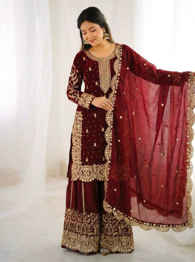 Teeya Creation Maron Color Fendy Silk Embroidery Work Wedding Wear Salwar Suit - Distacart