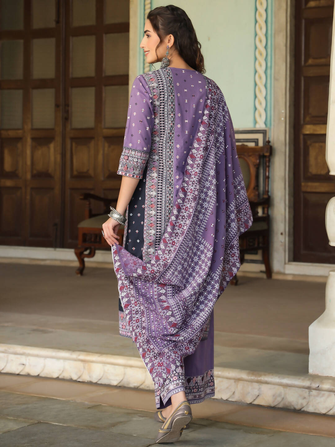Juniper Women's Lavender Cambric Geometric Printed Mix And Match Kurta Palazzo And Dupatta Set - Distacart