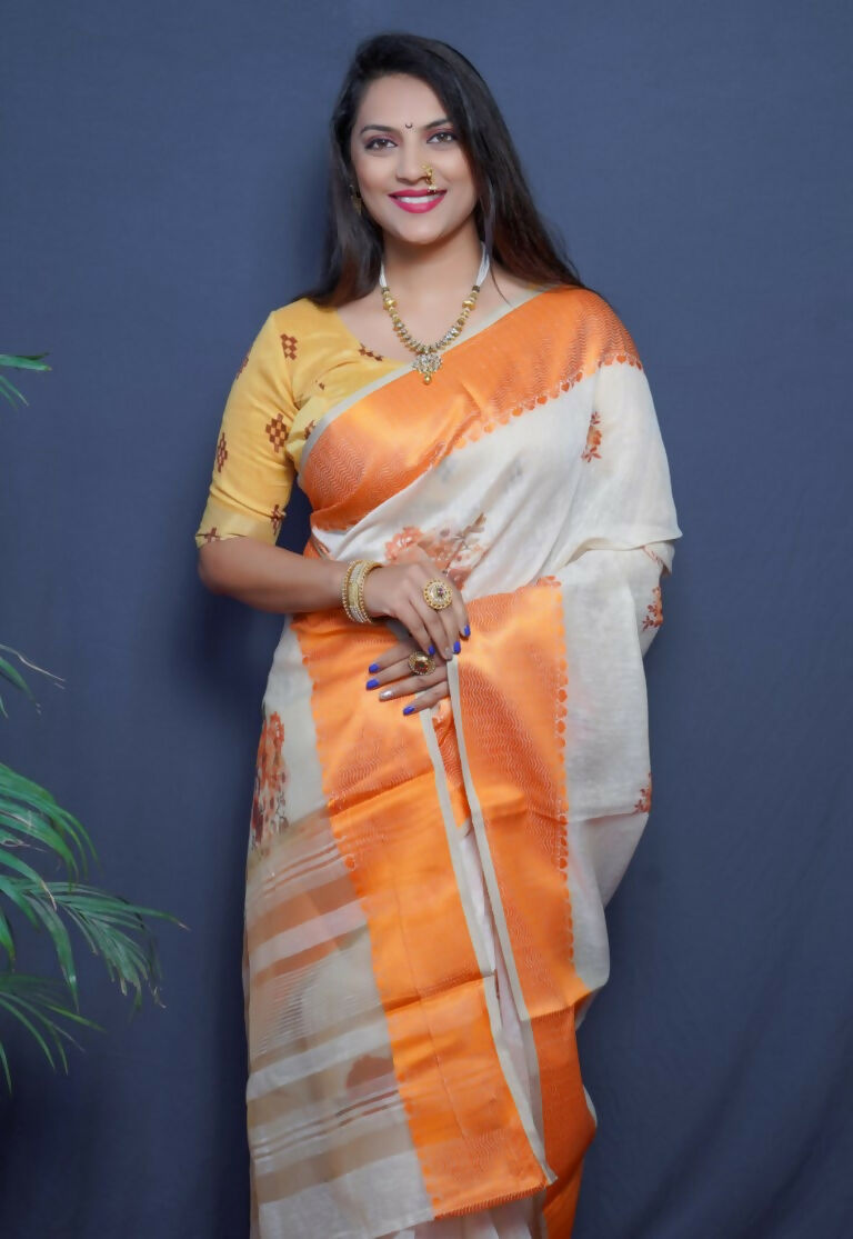Jyoti Fashion Women's Orange Linen Silk Digital Print with Jacquard Woven Border Saree with Blouse