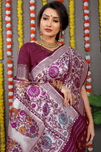 Jyoti Fashion Women's Wine Banarasi Silk Zari Woven Saree with Blouse