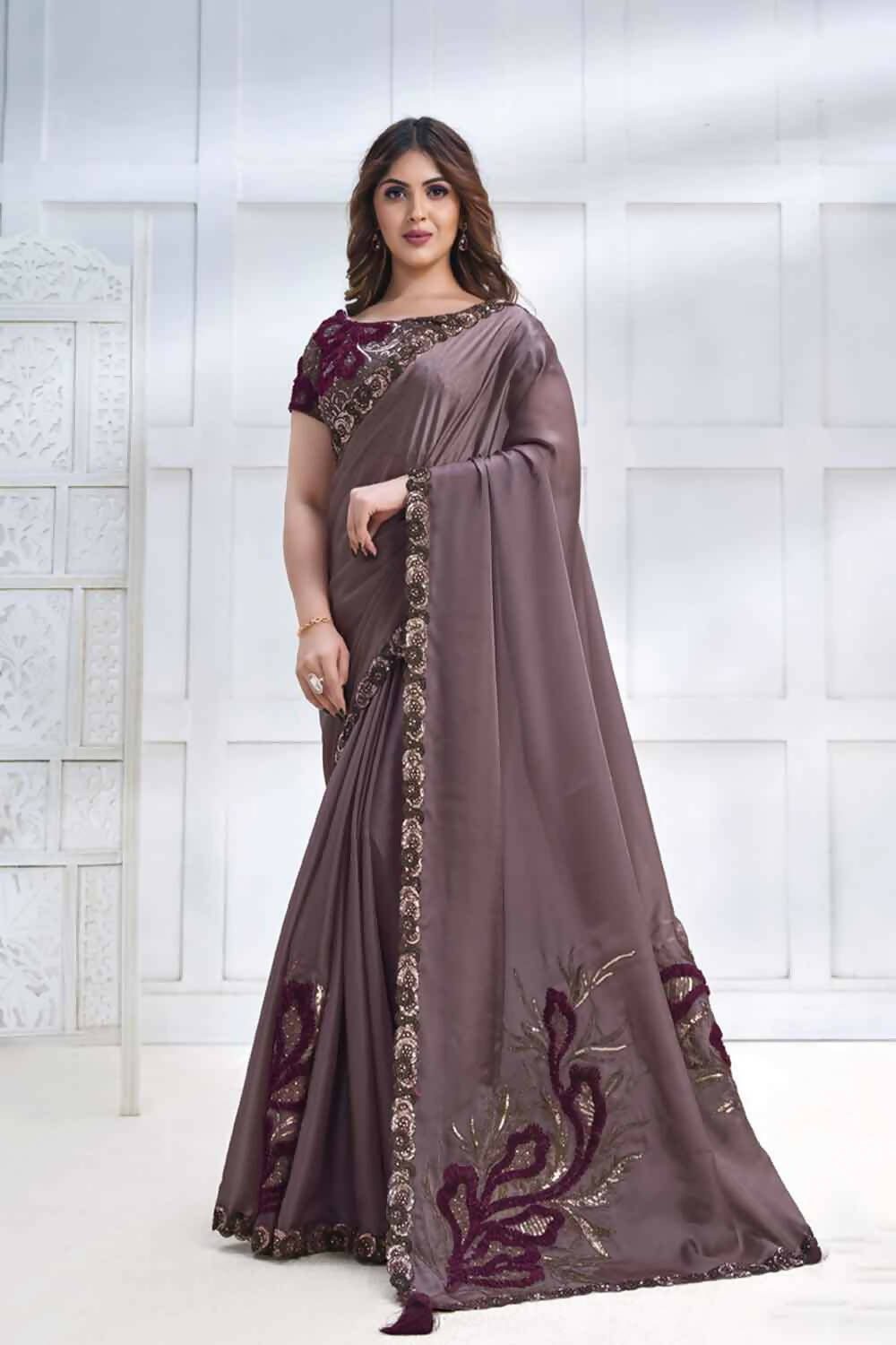 Purple Crepe satin silk Applique work with Cord, Sequence Embroidered & Stone Work Saree - Mohmanthan Majestica