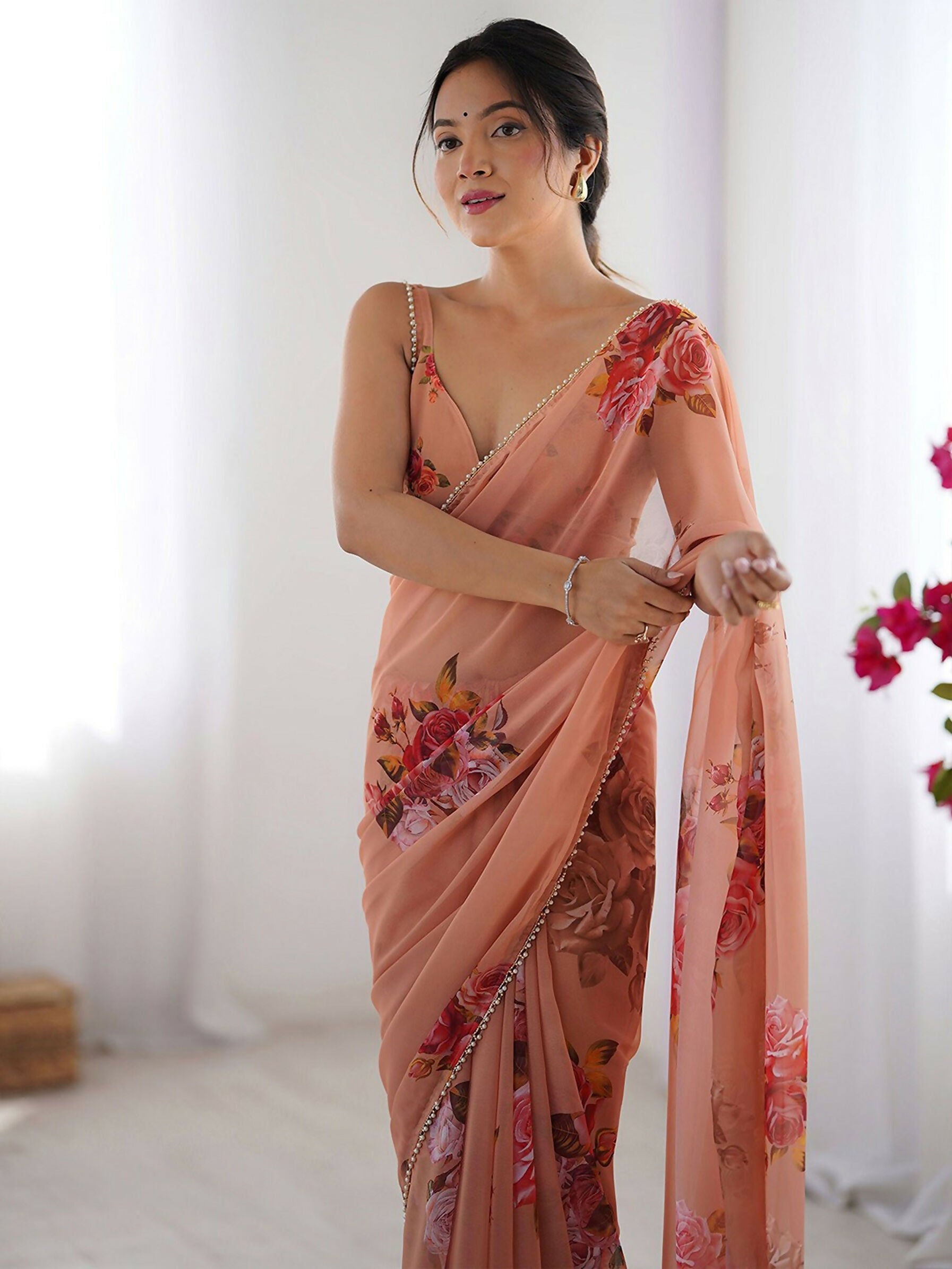 Traditional Partywear Peach Georgette Fancy Saree-Pavitra - Distacart