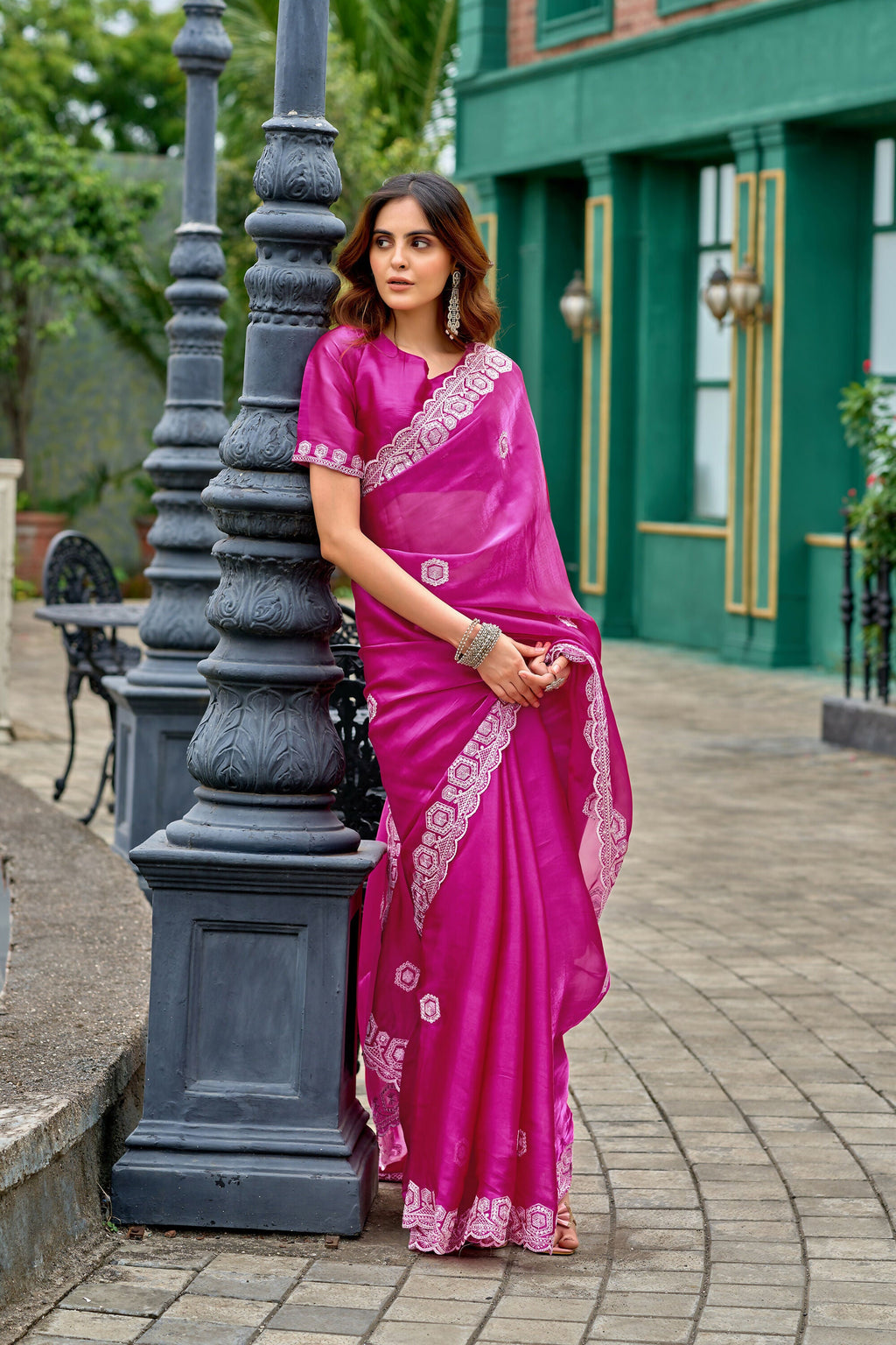 Vastranavya Pink Embroidery Work Shimmer Chiffon Saree with Unstitched Blouse - Distacart