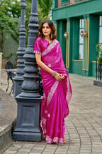 Vastranavya Pink Embroidery Work Shimmer Chiffon Saree with Unstitched Blouse - Distacart