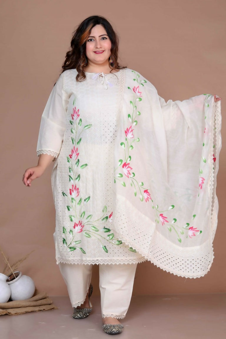 Miravan Women's Plus Size Cream Ethnic Motifs Hand Block Cotton Pakistani Kurta Palazzo With Dupatta