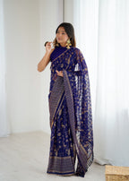Lorenvalley Fashion Navy Blue Solo Georgette Superb Finishing Foils Print & Fancy Zalar Lace in Border Saree with Blouse - Distacart