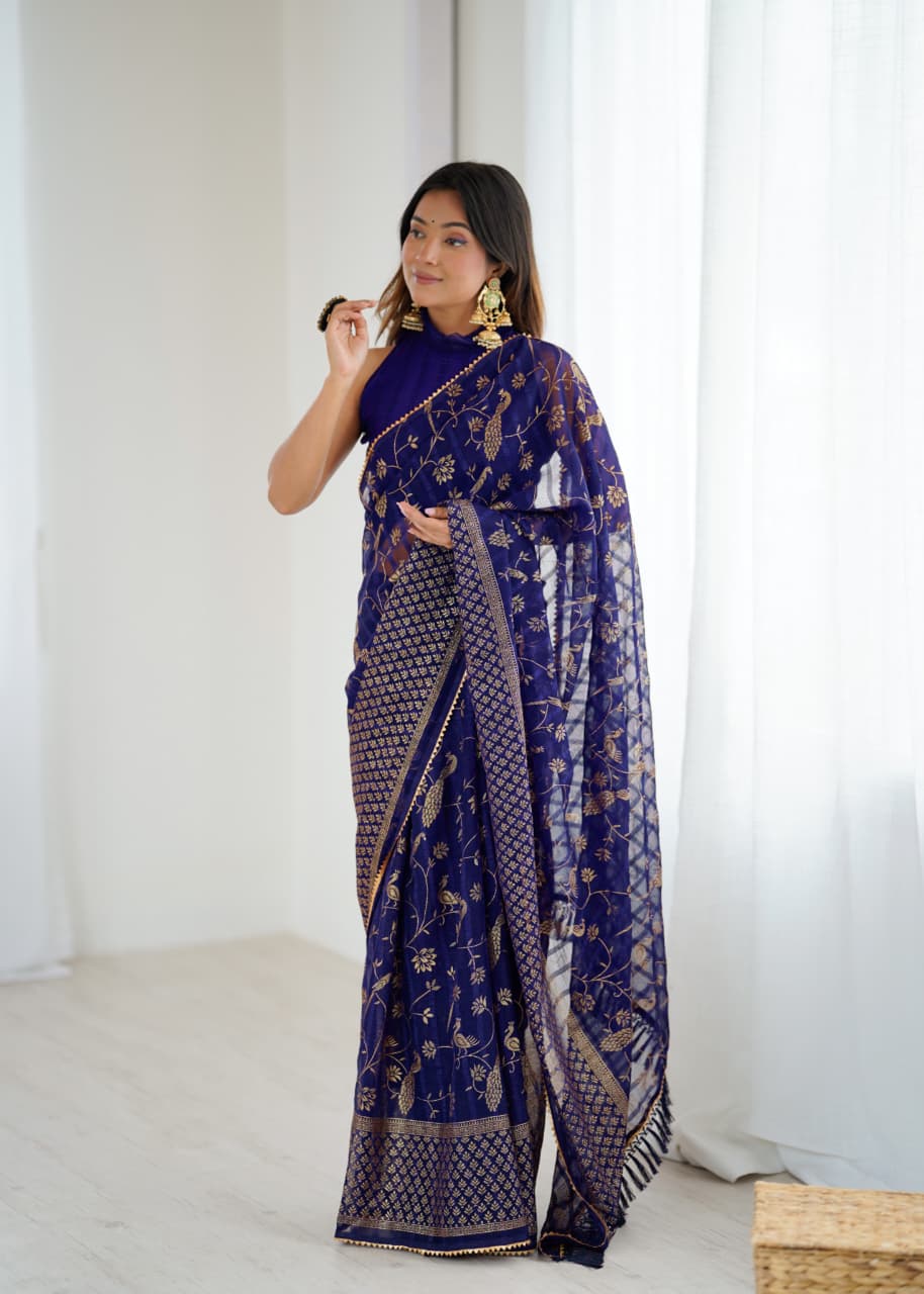 Lorenvalley Fashion Navy Blue Solo Georgette Superb Finishing Foils Print & Fancy Zalar Lace in Border Saree with Blouse - Distacart