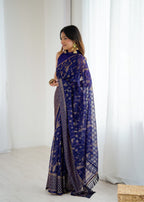 Lorenvalley Fashion Navy Blue Solo Georgette Superb Finishing Foils Print & Fancy Zalar Lace in Border Saree with Blouse - Distacart