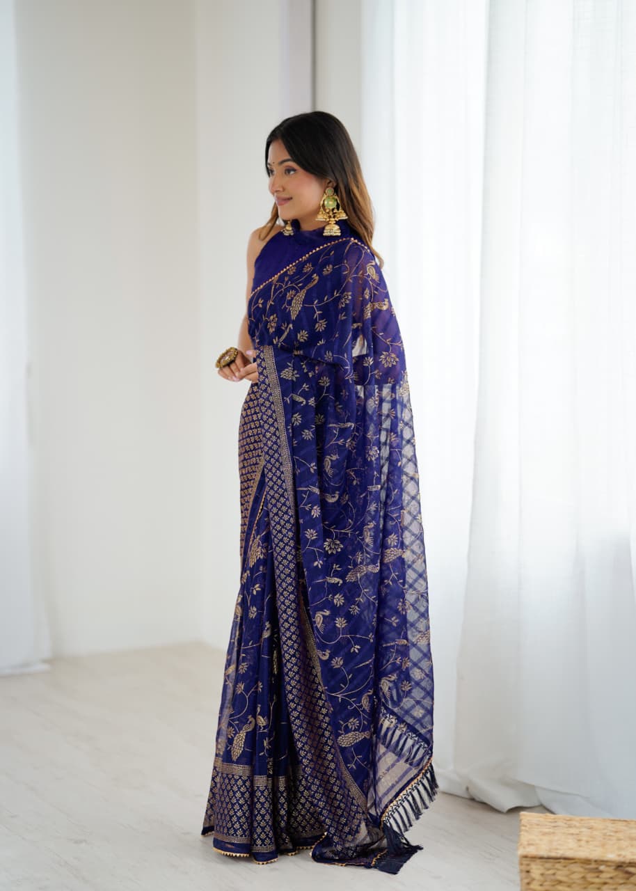 Lorenvalley Fashion Navy Blue Solo Georgette Superb Finishing Foils Print & Fancy Zalar Lace in Border Saree with Blouse - Distacart