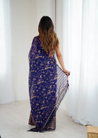 Lorenvalley Fashion Navy Blue Solo Georgette Superb Finishing Foils Print & Fancy Zalar Lace in Border Saree with Blouse - Distacart