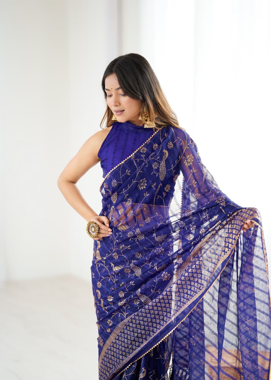 Lorenvalley Fashion Navy Blue Solo Georgette Superb Finishing Foils Print & Fancy Zalar Lace in Border Saree with Blouse - Distacart