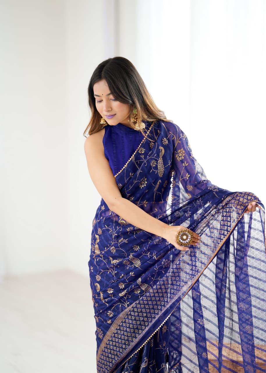 Lorenvalley Fashion Navy Blue Solo Georgette Superb Finishing Foils Print & Fancy Zalar Lace in Border Saree with Blouse - Distacart