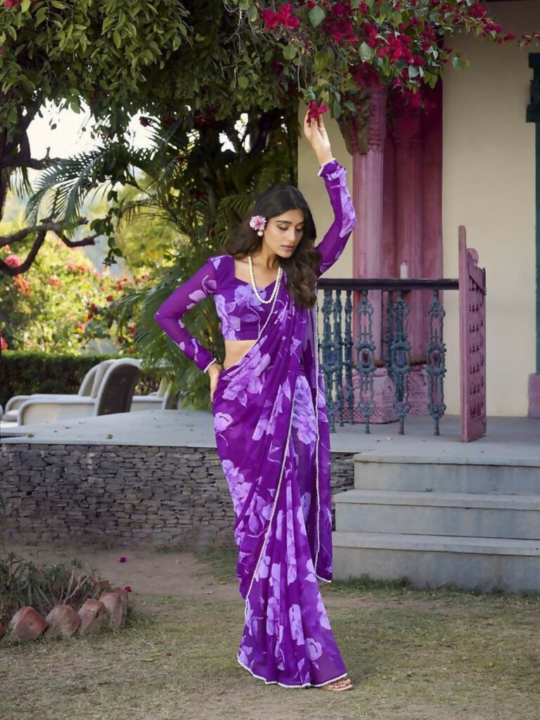 Vastranavya Purple Chiffon Floral Printed & Pearl Lace Border Saree with Unstitched Blouse