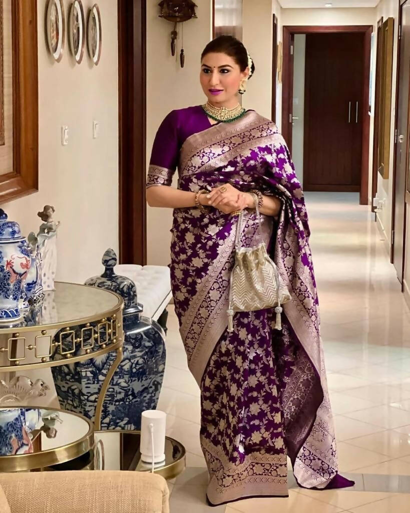DEIANA'S Beautiful Designer Golden zari Soft Lichi Silk Saree - Wine