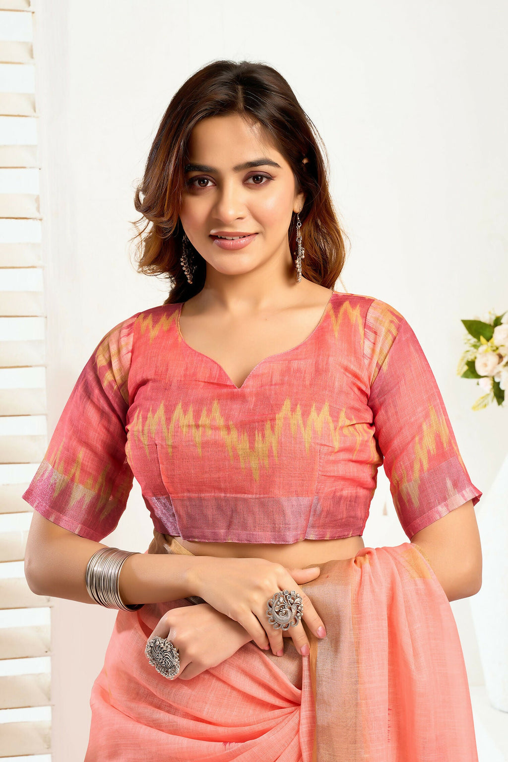 Joban Fashion Peach Ikkat Linen Ready To Wear Saree With Unstitched Blouse - Distacart