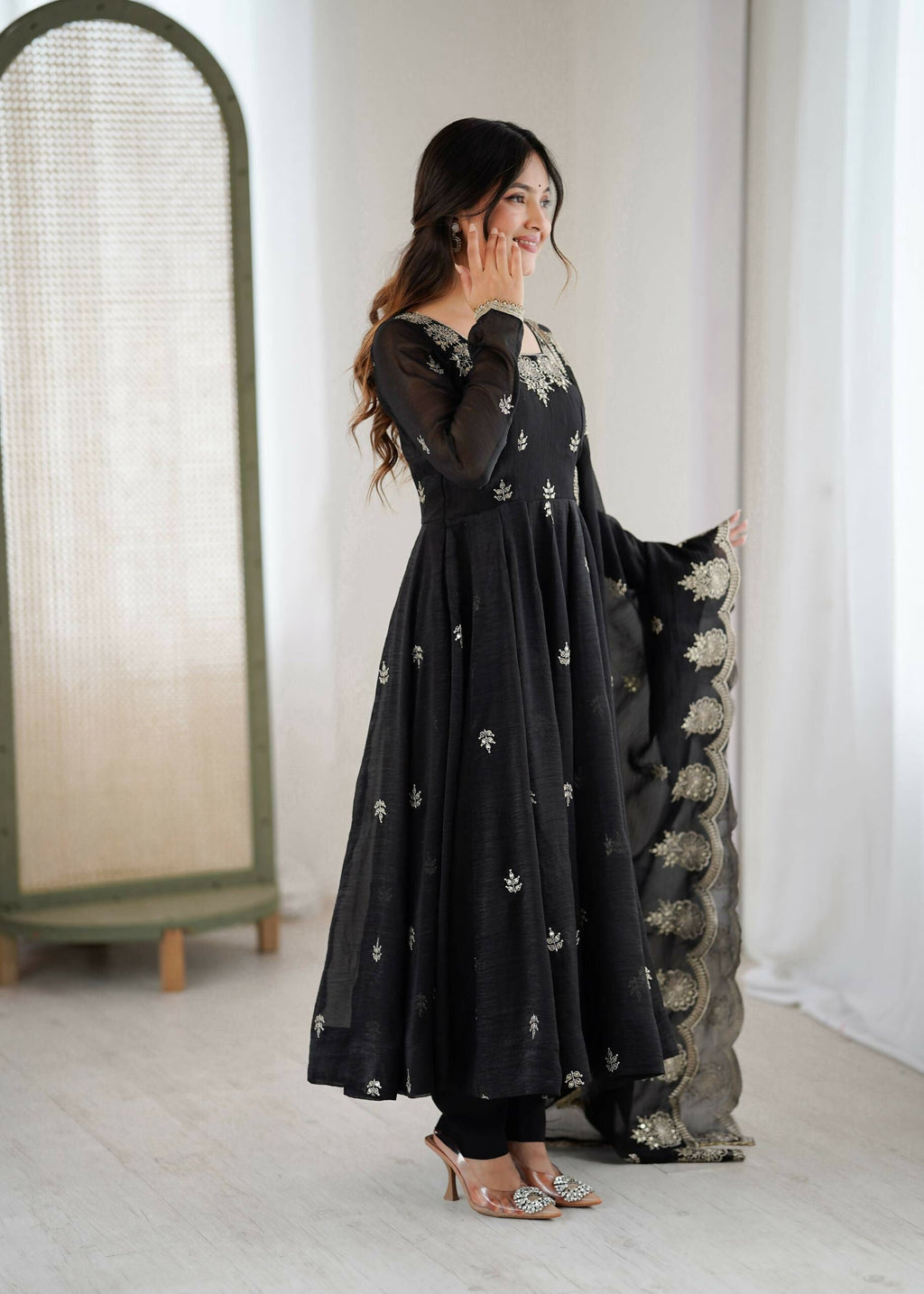 Teeya Creation Black Color Crunchy Silk Embroidery Work Wedding Wear Gown - Distacart