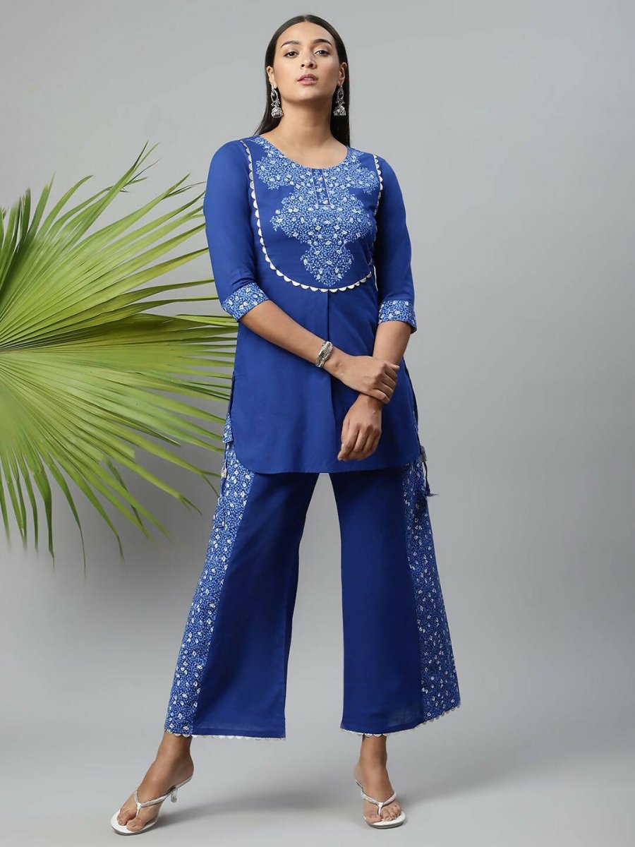 Ahalyaa Womens Royal Blue Pure Cotton Printed Tunic Palazzo Set - Distacart