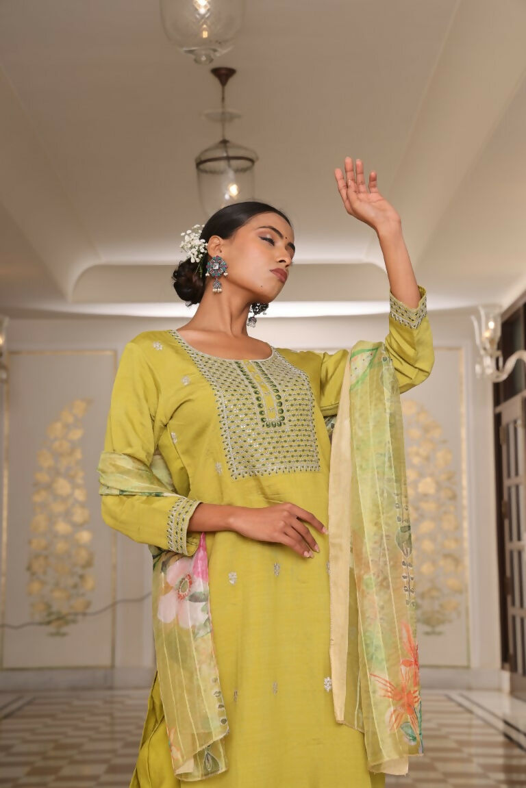 Jyoti Fashion Women's Light Yellow Cotton Silk Floral Print with Embroidered Kurta Set
