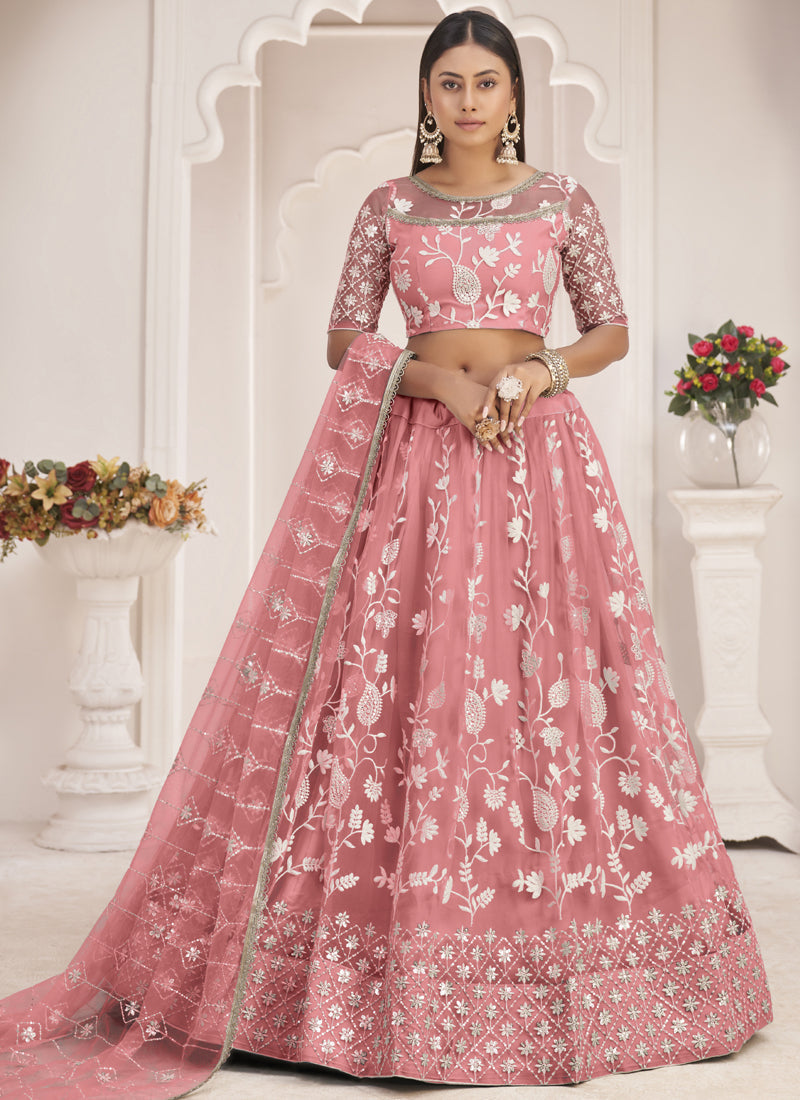 Vegaa Fashion Peach Butterfly Net Embroidered Thread Wedding Lehenga