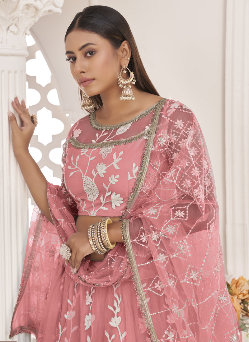 Vegaa Fashion Peach Butterfly Net Embroidered Thread Wedding Lehenga