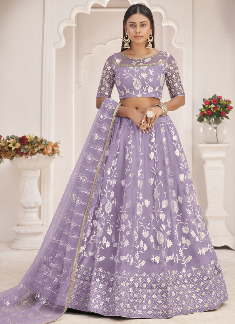 Vegaa Fashion Lavender Butterfly Net Embroidered Thread Wedding Lehenga