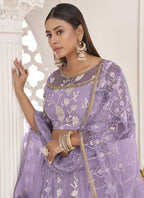 Vegaa Fashion Lavender Butterfly Net Embroidered Thread Wedding Lehenga