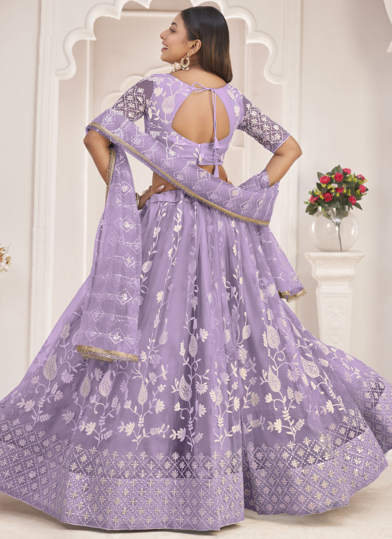 Vegaa Fashion Lavender Butterfly Net Embroidered Thread Wedding Lehenga