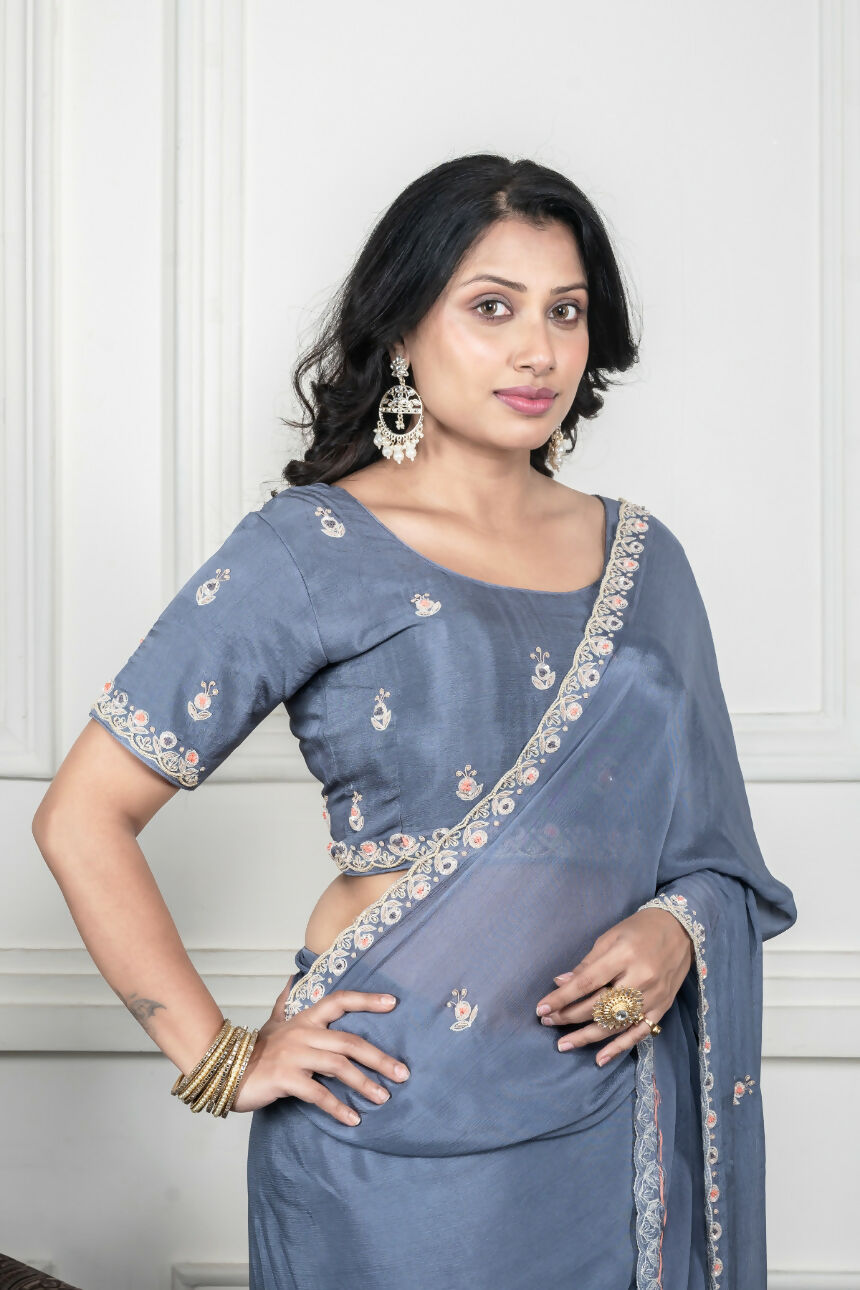 Morchari Grey Chiffon Hand Embroidery Saree And Stitched Blouse - Distacart