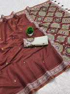 Vastranavya Maroon Muga Cotton Meenakari & Azarakh Pallu Saree with Contrast Blouse - Distacart