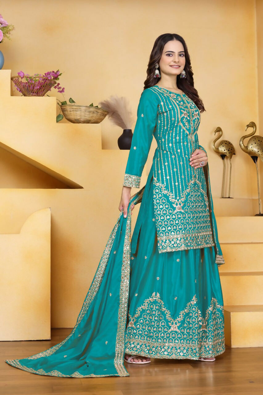 Teeya Creation Teal Color Natural Crepe Silk Wedding Wear Trending Palazzo Set - Distacart
