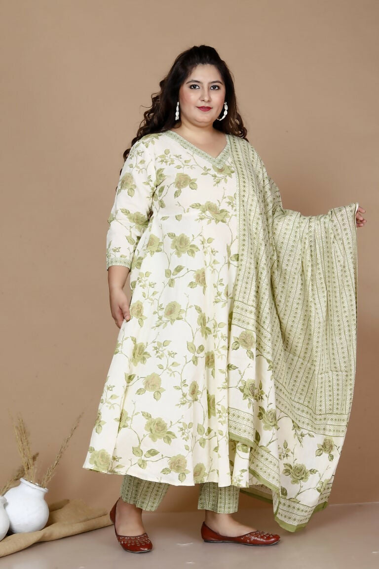 Miravan Women's Plus Size Green Printed Anarkali Kurta With Palazzo And Dupatta