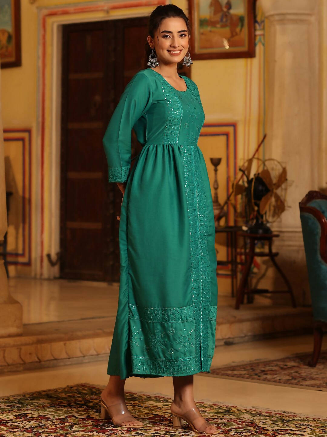 Juniper Women's Teal Festive Embroiderd Flared Dress - Distacart