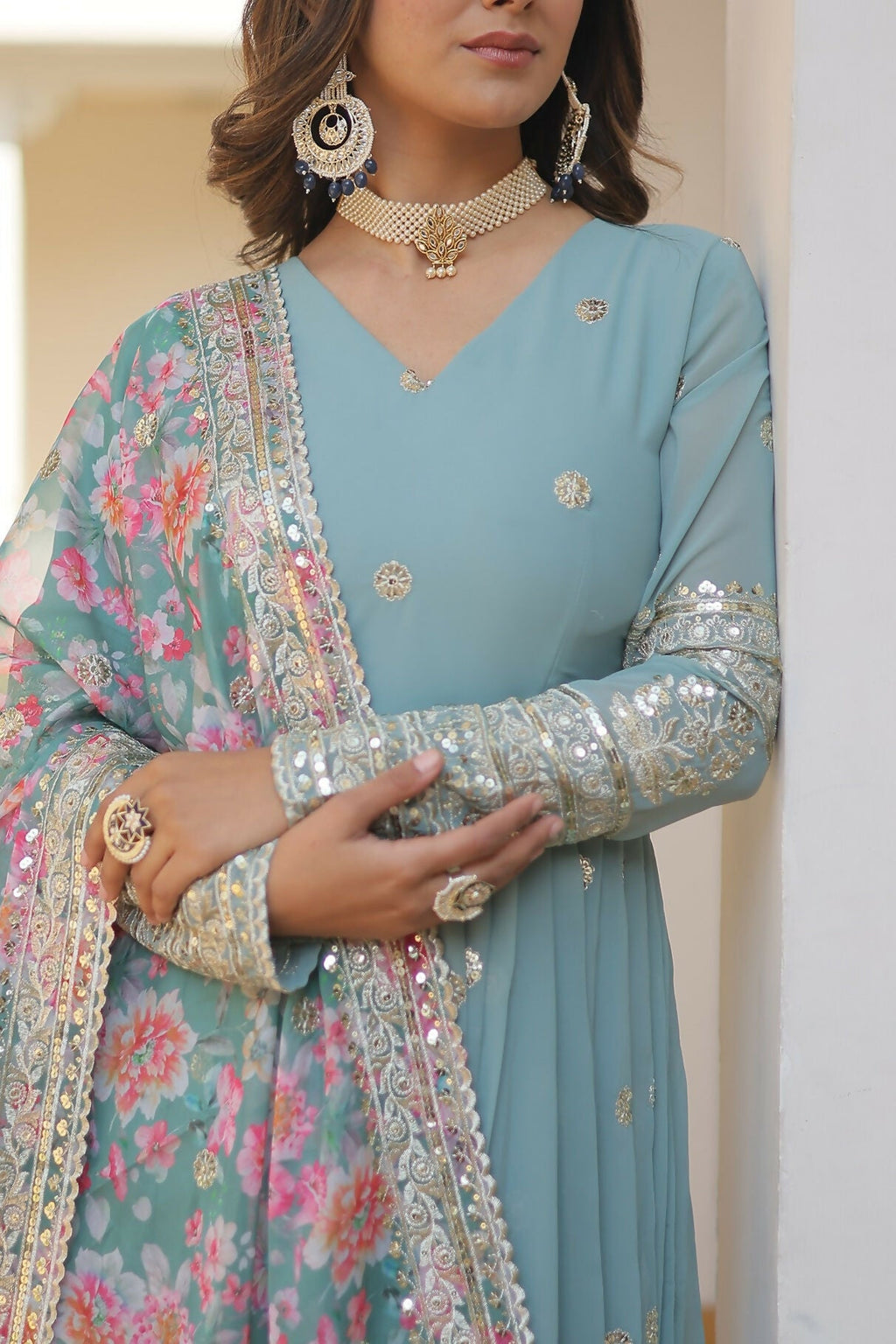 Joban Fashion Sky Blue Georgette Sequence Embroidery Work Kurta Set - Distacart