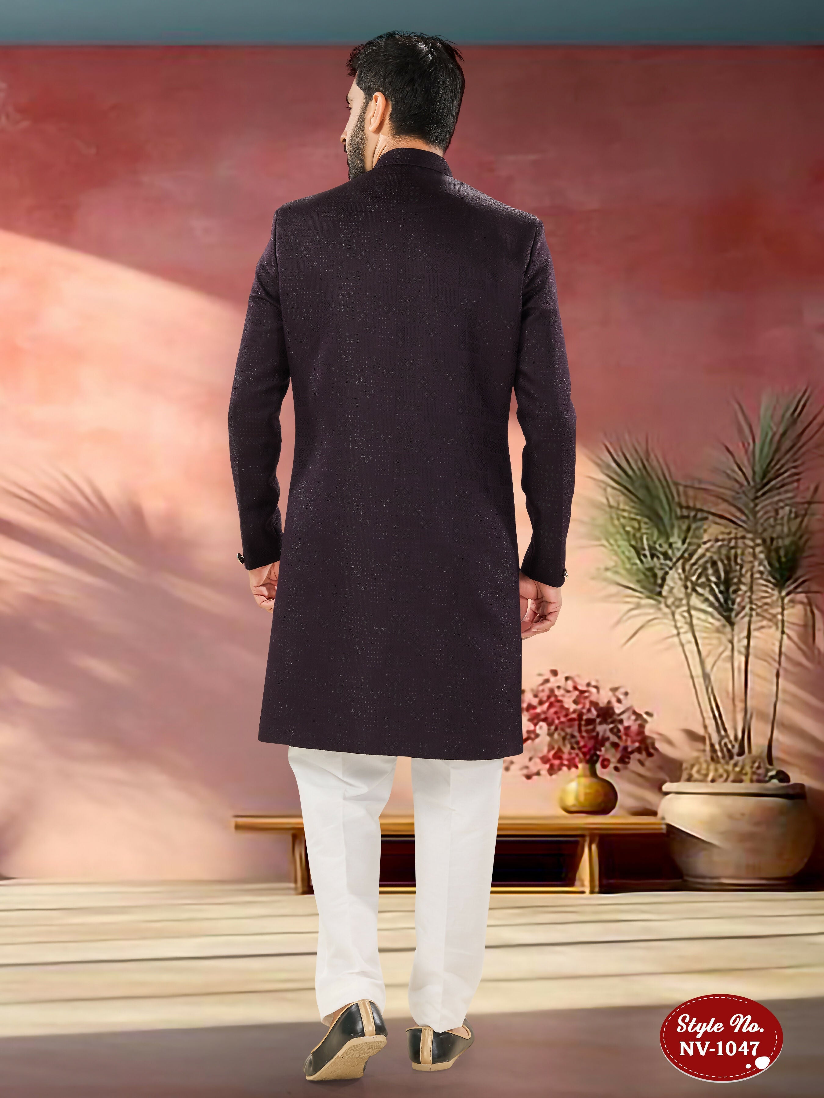 Joban Fashion Men's Purple Straight Imported Tr Self-Design In Fabric Indo-Western Kurta Set