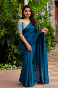 Blue Jute Silk Woven Design Saree with Unstitched Blouse - Hiral Fashion