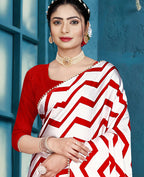 Red Japan Satin Stripe Printed Saree With Unstitched Blouse Piece - Laavanya