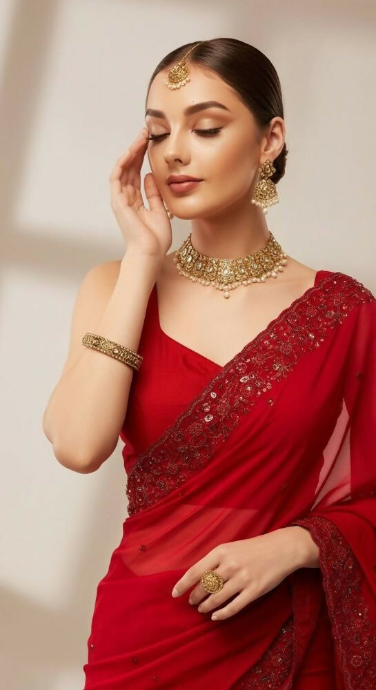 Joban Fashion Red Fandy Satin Silk Party Wear Sarees - Distacart
