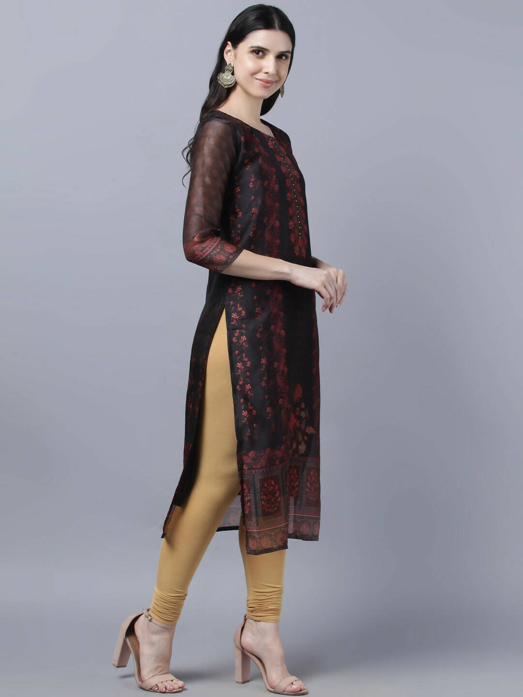 Myshka Women Black Red Floral Printed Chanderi Silk Kurta - Distacart